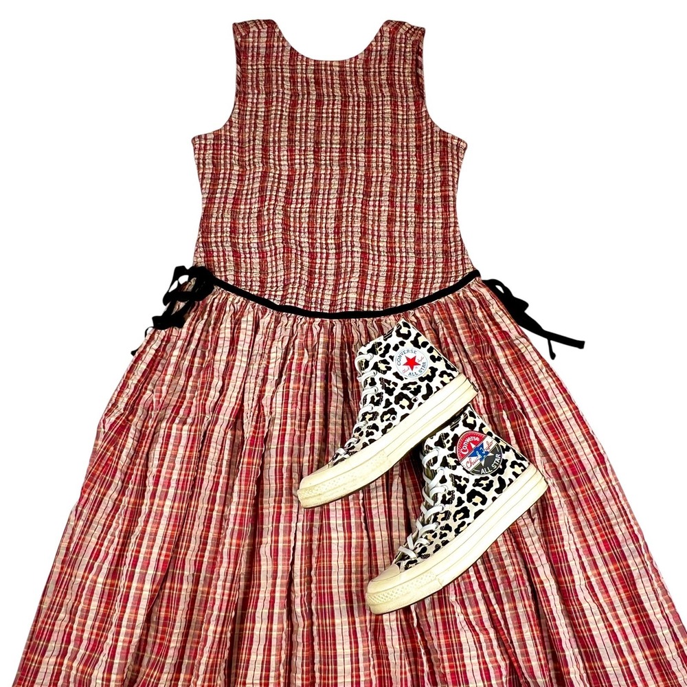 Free People Womens Nightingale Red Plaid Smocked Midi Dress Boho Sz Lg $245 MSRP - Picture 11 of 16